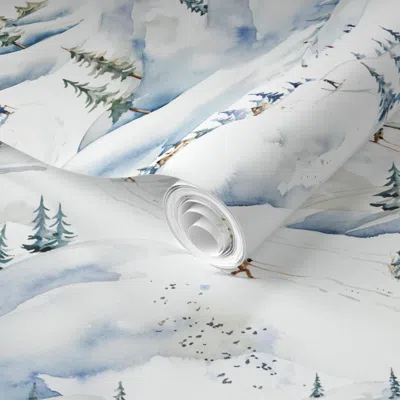 Spoonflower Pre-pasted Wallpaper Snowy Skiing Hills Watercolor 2' X 12' Removable