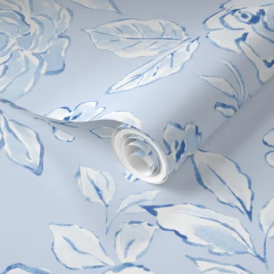 Spoonflower Pre-pasted Wallpaper Soft Blue Romantic Coquette Floral Toile On Light Blue 24 Inch 2' X 12' Removab
