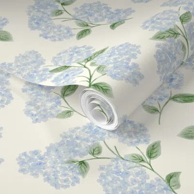 Spoonflower Pre-pasted Wallpaper Soft Light Blue Watercolor Hydrangeas On Cream - Grandmillennial (s) 2' X 12' R