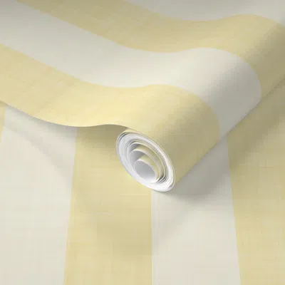 Spoonflower Pre-pasted Wallpaper Soft Pastel Buttermilk Yellow & Warm Cream Vertical Stripes Linen Texture  Remo