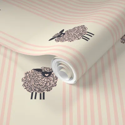 Spoonflower Pre-pasted Wallpaper Soft Pink Farmhouse Sheep And Simple Stripes For Baby Girl Nursery Walls 2' X 1