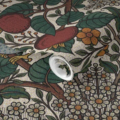 Spoonflower Pre-pasted Wallpaper Songbird Tapestry On Ecru With Texture 2' X 12' Removable
