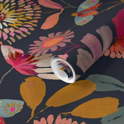 Spoonflower Pre-pasted Wallpaper Sophisticated Botanicals Black 2' X 12' Removable In Multi