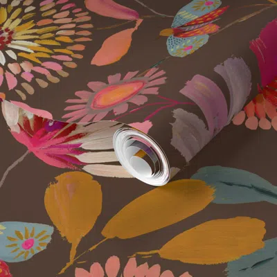 Spoonflower Pre-pasted Wallpaper Sophisticated Botanicals Brown Jumbo Large  Removable