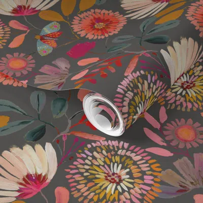 Spoonflower Pre-pasted Wallpaper Sophisticated Botanicals Charcoal Medium Scale 2' X 12' Removable