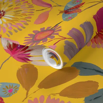 Spoonflower Pre-pasted Wallpaper Sophisticated Botanicals Yellow Medium 2' X 12' Removable