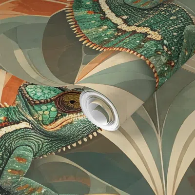 Spoonflower Pre-pasted Wallpaper Southwest Deco Chameleon Pair 2' X 12' Removable