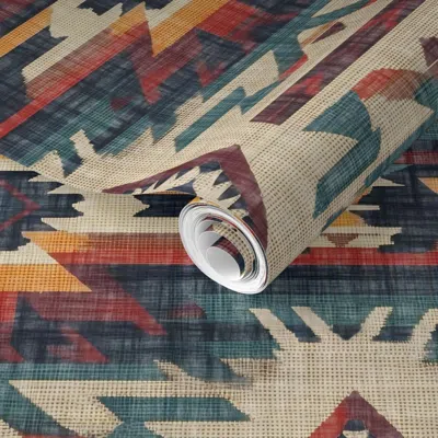 Spoonflower Pre-pasted Wallpaper Southwest Woven Geometric Distressed Blanket Fabric Rustic Western 2' X 12' Rem