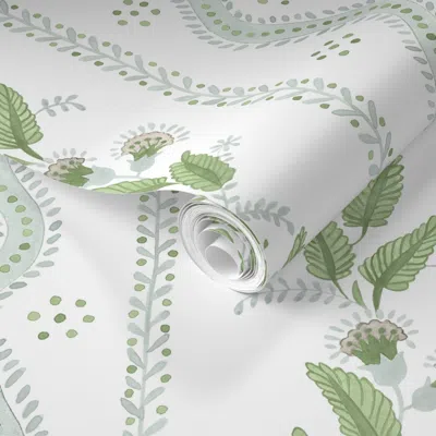 Spoonflower Pre-pasted Wallpaper Spa Tan And Greens On White  Removable
