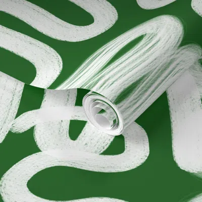 Spoonflower Pre-pasted Wallpaper Squiggle White On Bright Emerald 2' X 12' Removable In Multi