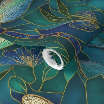 Spoonflower Pre-pasted Wallpaper Stained Glass Dragonflies In Blue And Green 2' X 12' Removable