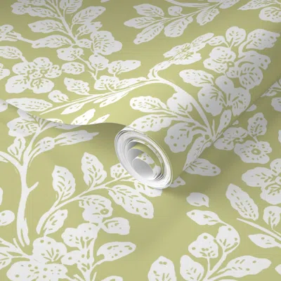 Spoonflower Pre-pasted Wallpaper Stamped Leaves Darker Pear 2' X 12' Removable