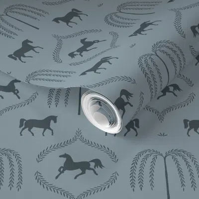 Spoonflower Pre-pasted Wallpaper Standish Horse And Willow Farmhouse Equestrian In Blue Serge (small) 2' X 12' R