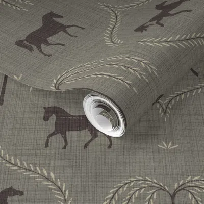 Spoonflower Pre-pasted Wallpaper Standish Horse And Willow Folk Art Equestrian Style In Farmhouse Sage  Removabl