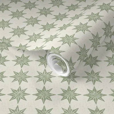 Spoonflower Pre-pasted Wallpaper Stella Warm Green Linen Small 6inches 2' X 12' Removable