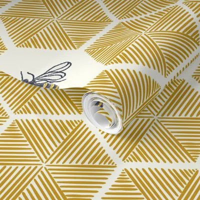 Spoonflower Pre-pasted Wallpaper Stitched Bees & Honeycomb - Gold - Large 2' X 12' Removable In Multi