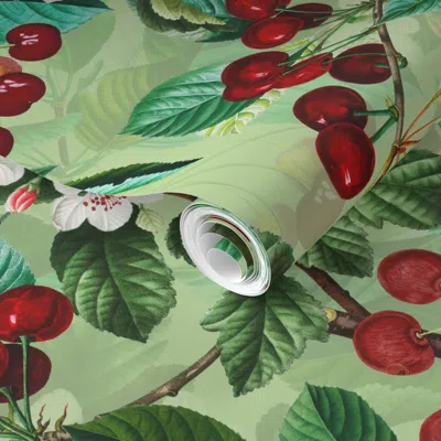 Spoonflower Pre-pasted Wallpaper Stone Fruit Cherry Blossoms And Cherries Summer Magical Garden On Green 2' X 12