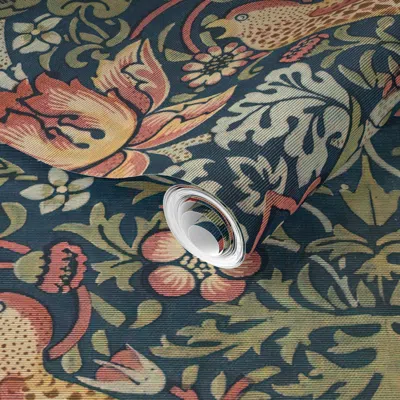 Spoonflower Pre-pasted Wallpaper Strawberry Thief William Morris Vintage Bird Design 2' X 12' Removable