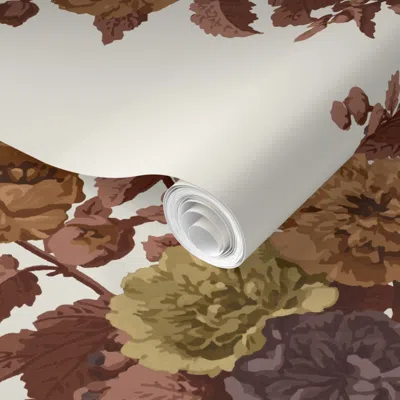Spoonflower Pre-pasted Wallpaper Stripe Hollyhocks Warm Autumn With Cream 2' X 12' Removable