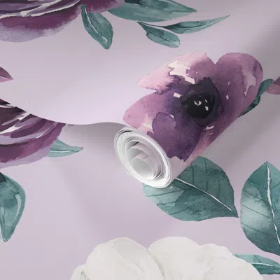 Spoonflower Pre-pasted Wallpaper Sugar Plum Watercolor Floral On Light Purple 24 Inch  Removable