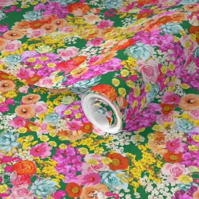 Spoonflower Pre-pasted Wallpaper Summer Bright Floral // Kelly Green 2' X 12' Removable