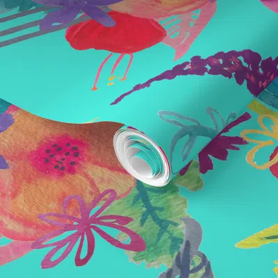 Spoonflower Pre-pasted Wallpaper Summer In Turks // Turquoise 2' X 12' Removable In Multi