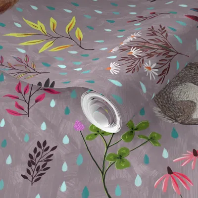 Spoonflower Pre-pasted Wallpaper Summer Rain Foxes Hare Hawk And Magpie Together With Flowers And Foliage. A 2' 