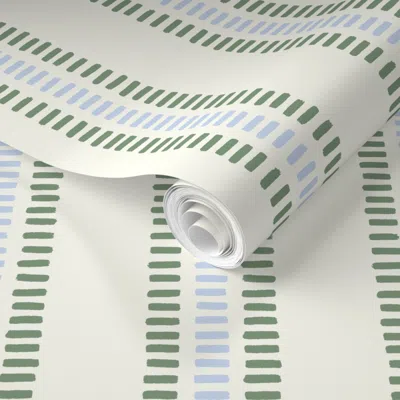 Spoonflower Pre-pasted Wallpaper Summer Stripes Narrow - Green And Blue On Cream  Removable In Neutral