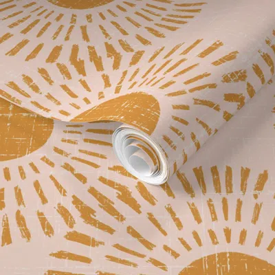 Spoonflower Pre-pasted Wallpaper Sunburst - Pale Pink And Burnt Orange 2' X 12' Removable In Multi