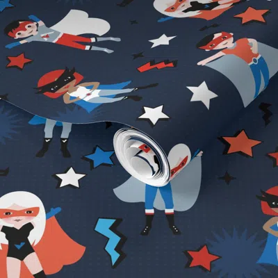 Spoonflower Pre-pasted Wallpaper Super Hero Friends Boys And Girls In Super Hero Power Ladies Costumes With 2' X
