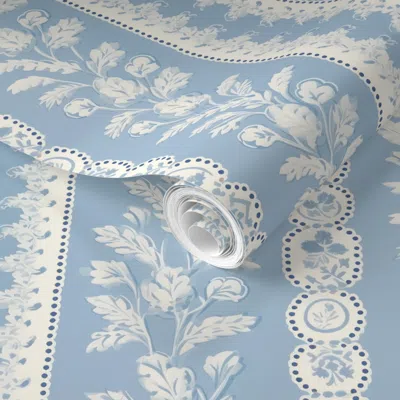 Spoonflower Pre-pasted Wallpaper Sydney Stripe Cornflower And Navy 2' X 12' Removable