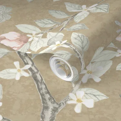 Spoonflower Pre-pasted Wallpaper Tan And Blush Elsie's Garden 2' X 12' Removable