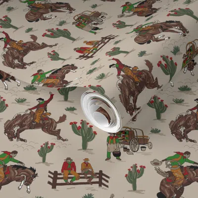 Spoonflower Pre-pasted Wallpaper Tan Cowboys 10x10  Removable