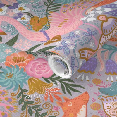 Spoonflower Pre-pasted Wallpaper Tea Time At Wonderland (custom Lavender) 10 2' X 12' Removable