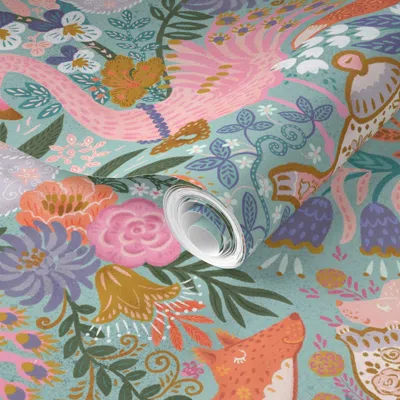 Spoonflower Pre-pasted Wallpaper Tea Time At Wonderland (custom Mint) Xl 2' X 12' Removable