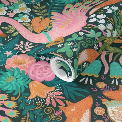 Spoonflower Pre-pasted Wallpaper Tea Time At Wonderland (custom - Teal) Xl 2' X 12' Removable In Multi