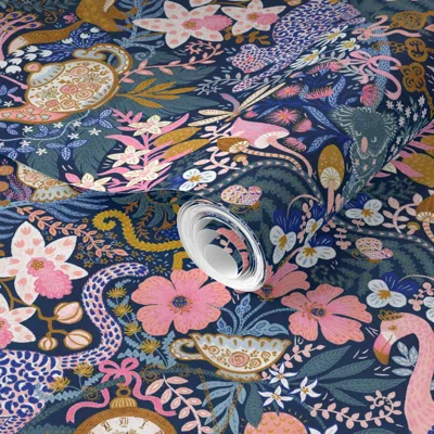 Spoonflower Pre-pasted Wallpaper Tea Time At Wonderland (navy) Ditzy 2' X 12' Removable
