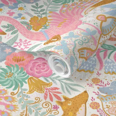 Spoonflower Pre-pasted Wallpaper Tea Time At Wonderland (pastels) 9 2' X 12' Removable