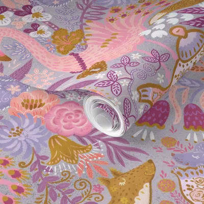 Spoonflower Pre-pasted Wallpaper Tea Time At Wonderland (purple - Light Lavender) 10.5 2' X 12' Removable In Multi