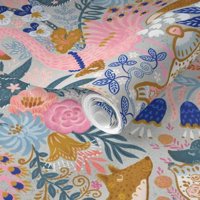 Spoonflower Pre-pasted Wallpaper Tea Time At Wonderland (silver) 24 2' X 12' Removable