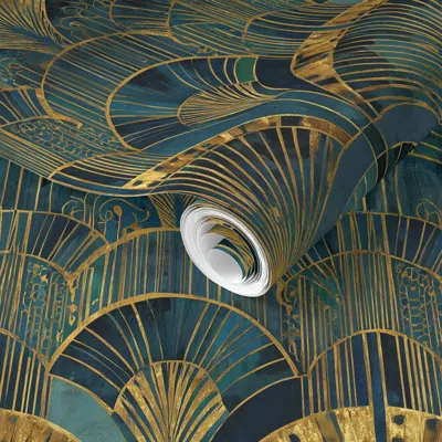 Spoonflower Pre-pasted Wallpaper Teal And Gold Art Deco Gateway Pattern  Removable