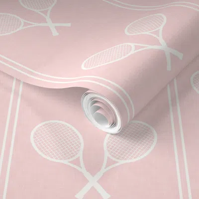 Spoonflower Pre-pasted Wallpaper Tennis Racquets - White/pink - Vertical Stripes - Lad24 2' X 12' Removable