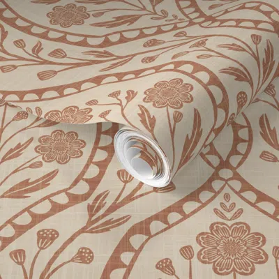 Spoonflower Pre-pasted Wallpaper Terracotta Wildflower Damask - Cottagecore Heritage Grandmillennial  Removable