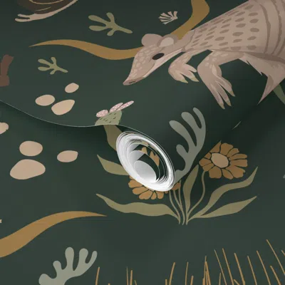 Spoonflower Pre-pasted Wallpaper Texas Cryptids Jackalope Longhorn Armadillo Desert Cactus Agave Floral Bee 2' X In Green