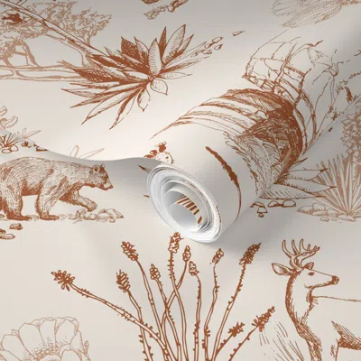 Spoonflower Pre-pasted Wallpaper Texas Toile Big Bend National Park Terracotta Large 24" Straight Repeat 2' X 12