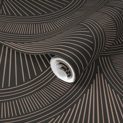 Spoonflower Pre-pasted Wallpaper Textured And Tonal Art Deco Scallops Geometric Ogee Scales Midnight Black 2' X 