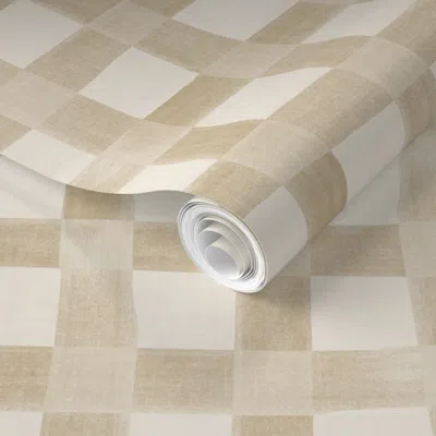 Spoonflower Pre-pasted Wallpaper Textured Basic Linen Look Basketweave Checkerboard Plaid-light Sand Beige 2' X 