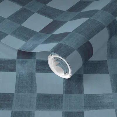 Spoonflower Pre-pasted Wallpaper Textured Basic-linen Look Basket Weave Checkerboard Plaid Dark Coastal Navy 2'  In Blue
