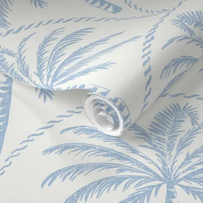 Spoonflower Pre-pasted Wallpaper Textured Block Print Coastal Palm Tree Scallop In Bluebell  Removable
