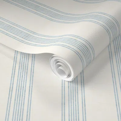 Spoonflower Pre-pasted Wallpaper Textured Linen French Provincial Mattress Ticking Stripe Bone Light Blue 2' X 1